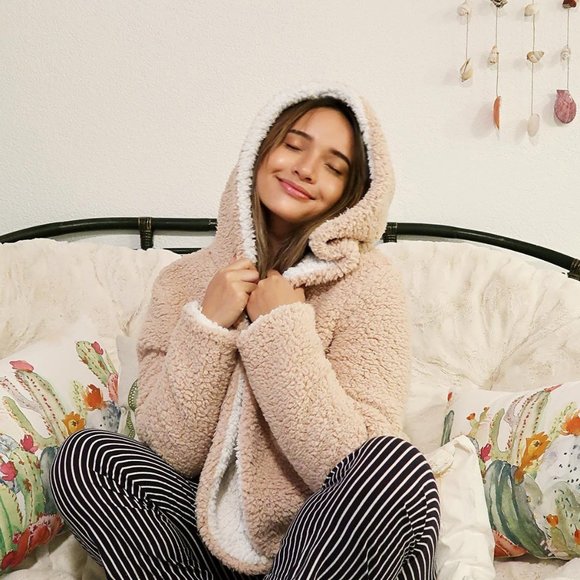 hooded open front lamb wool teddy coat